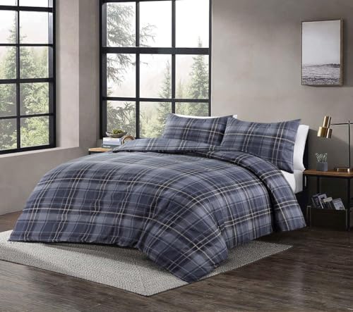 Kampala Hill Wesley Reversible Checked Duvet Cover Set Indigo Blue Super King Bedding Set