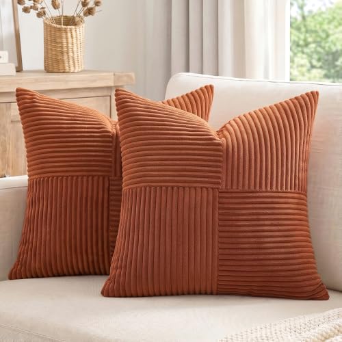 Fancy Homi 2 Packs Rust Samll Decorative Throw Pillow Covers 14x14 Inch with for Couch Bed, Rustic Farmhouse Boho Home Decor, Soft Corss Patchwork Corduroy Square Terracotta Cushion Case 35x35 cm