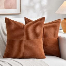Fancy Homi 2 Packs Rust Samll Decorative Throw Pillow Covers 14x14 Inch with for Couch Bed, Rustic Farmhouse Boho Home Decor, Soft Corss Patchwork Corduroy Square Terracotta Cushion Case 35x35 cm