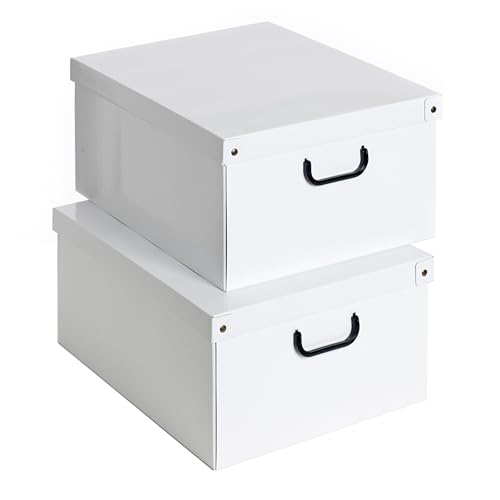 Lavatelli White ??? 2 Large Closet Organizer Boxes with Handles for Shoes - 2 Sturdy Large Hampers for Clothes, Shoes & A4 Office Files ??? 50x40x25 cm