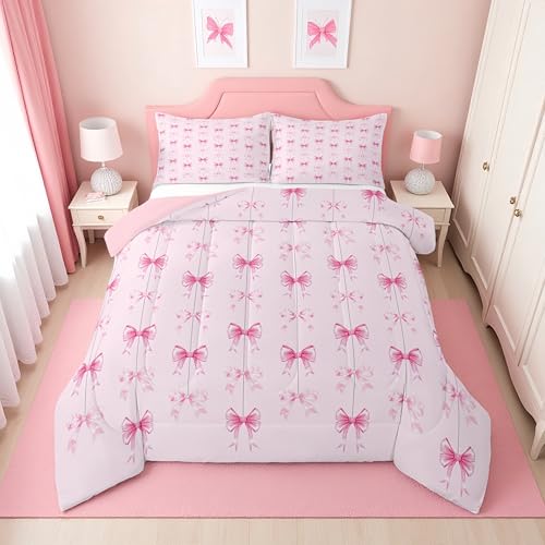 Erosebridal Girls Pink Bow Tie Queen Comforter Set - Cute Pink Bow Knot Bedding Sets for Kids Teen, Coquette Ribbon Bows Bed Set, Princess Bowtie Kawaii Room Decor, 2 Pillowcases
