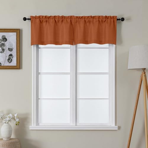 Lecloud Bessie Orange Valances for Windows 14 Inch Length 2 Pcs, Faux Linen Textured Cafe Kitchen Curtains, Rod Pocket Short Curtains, Window Valances for Bedroom Basement Bathroom, Each 30 W x 14 L