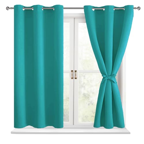 Hiasan Short Blackout Curtains for Bedroom - Thermal Insulated & Energy Saving Window Curtains for Living Room, 2 Drape Panels Sewn with Tiebacks, Peacock Teal, 42 x 45 Inch