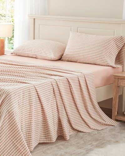 "PURE ERA Twin Sheet Set 100% Washed Cotton Gingham Sheets Twin Size Bed Set Linen Feel Soft Breathable Durable,15"" Deep Pocket 4Pc Checked Pink Bedsheet"