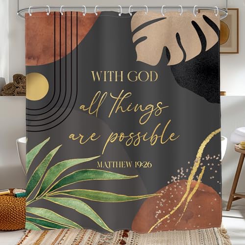 Dark Green Boho Shower Curtain Christian Inspirational Bathroom Curtain Set - Bible Verse Scriptures Quotes Abstract Tropical Palm Mid Century 60Wx72L Bathroom Decor Waterproof Fabric with Free Hooks