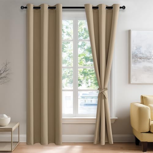 JIUZHEN Blackout Curtains with Tiebacks - Thermal Insulated, Light Blocking and Noise Reducing Grommet Curtains for Bedroom and Living Room, Set of 2 Window Curtain Panels, 42 x 84 Inch Length???Camel