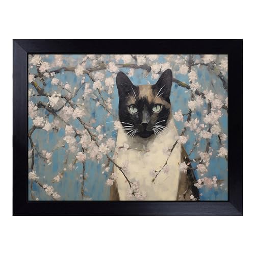 Lap Tray with Bean Bag Cushion, Siamese Cat Impressionism - Handmade in the UK, Raised Wooden Edge, Padded Cushion, Heat-Resistant Wipe-Clean Surface, for Meals, Laptops and Crafts