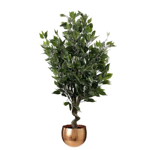 Leaf Artificial Indoor Tree with Planter, Mixed Materials, Evergreen Ficus Copper Curve, 110cm