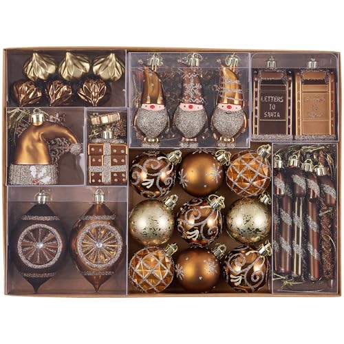 Valery Madelyn Christmas Tree Ornaments Set, 100ct Bronze Copper Brown and Gold Shatterproof Christmas Tree Decorations Bulk, Luxury Hanging Ball Ornaments for Xmas Holiday Party Decor
