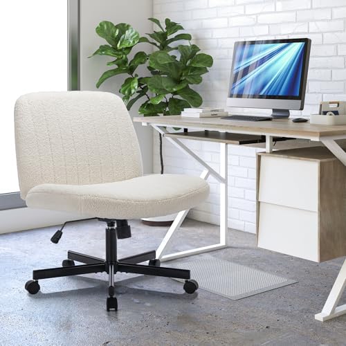 COLAMY Wide Office Chair, Padded Armless Task VanityChair Swivel Home Office Desk Chair 115°Rocking Mid Back Ergonomic Computer Chair for Home Working, Make Up, Gaming (With Wheels, Cream)