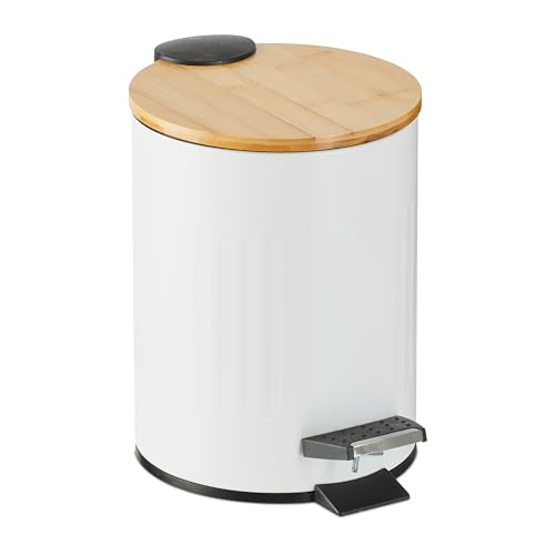 Relaxdays Step Pedal Bin, 3 Litre, Soft-close Mechanism, Removable Inside, Bathroom Cosmetic Waste, Metal, Bamboo, White, Iron, 23.5 x 17 x 21.5 cm