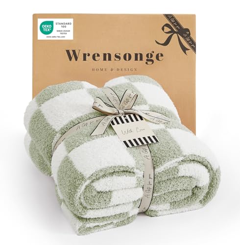 "WRENSONGE Checkered Throw Blanket, Sage Green Microfiber Soft Cozy Fluffy Warm Hand Made Throw Blankets for Couch, Sofa, Chair, Bed, Camping, Picnic, Travel Lightweight Bed Blanket - 50""*70"""