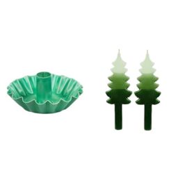 Green Scalloped Metal Candle Holder & Christmas Tree Green Candles Bundle