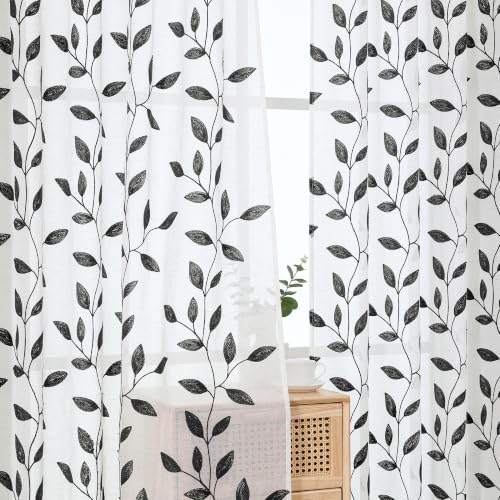 Chyhomenyc Black Sheer Curtains 84 Inch Length - Light Filtering Blend Linen Embroidered Leaf Pattern Window Curtain Panel Drapes for Living Room Bedroom, 50Wx84L Inch, 2 Panels