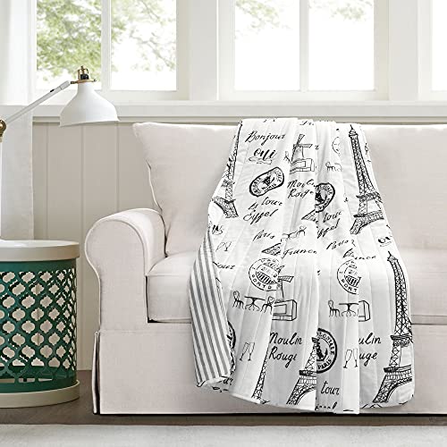 "Lush Decor Paris Bonjour Reversible Cotton Throw Blanket, 60"" x 50"", Black & White"