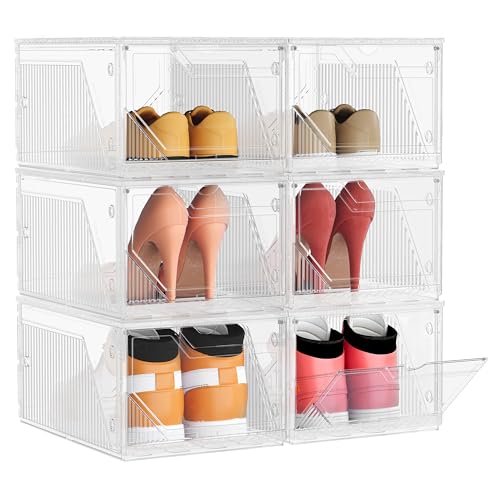 SONGMICS Shoe Boxes Set of 6, Stackable Clear Plastic, Magnetic Doors - Shoe Storage Organisers, up to UK Size 11, Secure Vertically or Horizontally, Cloud White, DENNYS Collection LSP806WH01