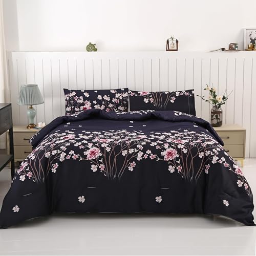 SDIII 3PCS Dark Purple Floral Comforter Set Full, Bed in a Bag Boho Floral Bedding Full, Dark Floral Bedding Set Full for Girls Boys Kids and Teens
