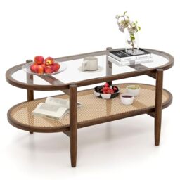 CASART Coffee Table, 2-Tier Tempered Glass Tea Table with Acacia Wood Frame & Rattan Storage Shelf, Wooden Accent Table Center Tables for Living Room Bedroom Office Balcony (Brown)