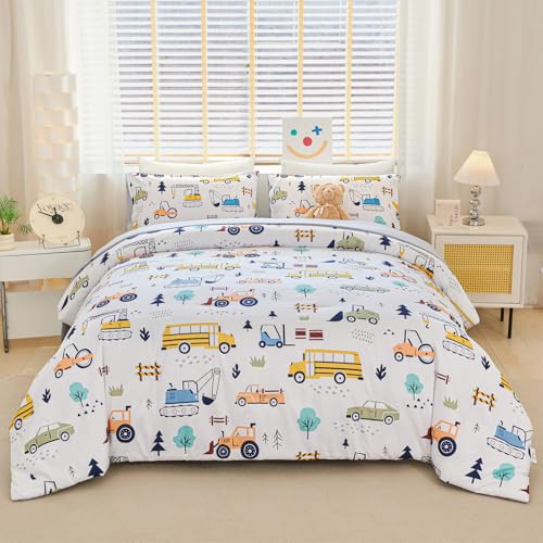 YOU SA Cartoon Comforter Set Queen 5Pcs White Car Bed in a Bag for Boys Kids Colorful Bus Van Bedding Set All Season