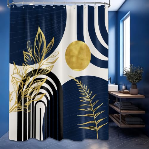 QGHOT Mid Century Modern Navy Blue Shower Curtain Boho Dark Blue and Gold Leaves Shower Curtains for Mens Bathroom Decor Sets, Waterproof Cloth Fabric with Hooks, 60x72in