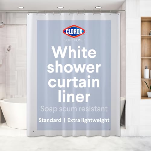 "Clorox Shower Curtain Liner, Premium Lightweight Flexible Waterproof 3g PEVA for Bathroom with Weighted Magnets, Standard Size 70"" x 72"", White 1 Pack"