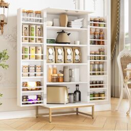 Feonase 51'' Kitchen Cupboard, Pantry Cabinet with Doors and Adjustable Shelves, Freestanding Storage Unit for Kitchen, Living Room and Dining Room, Gold Base, 60 x 40 x 130 cm