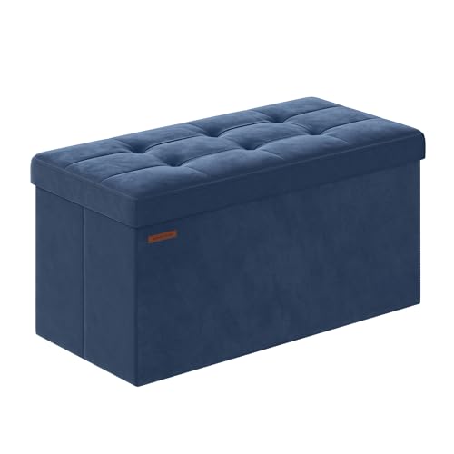 SONGMICS Storage Ottoman, Foldable Small Ottoman Foot Rest, 38 x 76 x 38 cm Foot Stool, Cube Ottoman with Storage, Load up to 300 kg, for Living Room, Bedroom, Entryway, Midnight Blue LSF247Q51