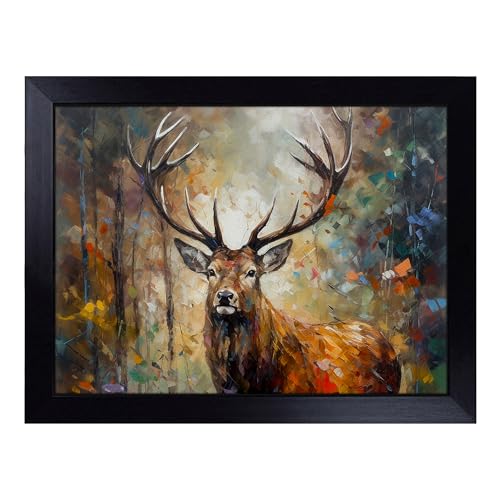 Lap Tray with Bean Bag Cushion, Stag In A Forest Palette - Handmade in the UK, Raised Wooden Edge, Padded Cushion, Heat-Resistant Wipe-Clean Surface, for Meals, Laptops and Crafts