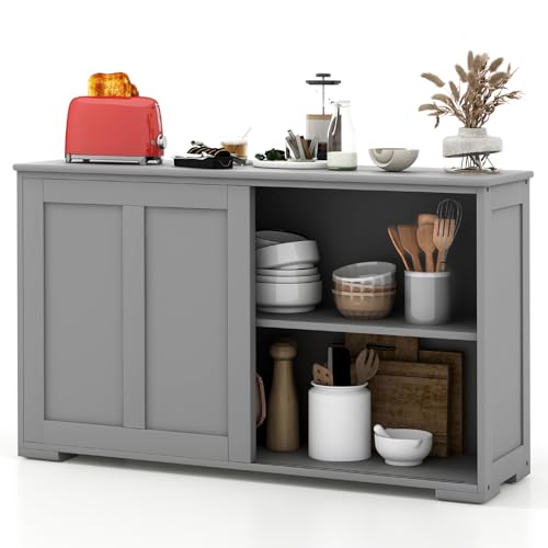 GiantexUK Kitchen Sideboard, Wooden Buffet Cabinet with Adjustable Shelf and Sliding Doors, Freestanding Storage Cupboard Unit for Dining Living Room Hallway (without glass, Grey)