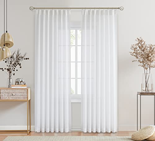 "Central Park White Pinch Pleated Sheer Curtain Panel, 40""Wx102""L(Pack of 2) - Crosshatch Textured Panel, Solid Drape, 102 Inch Long, Organic Modern, Window Treatment Set, for Living Room Bedroom"