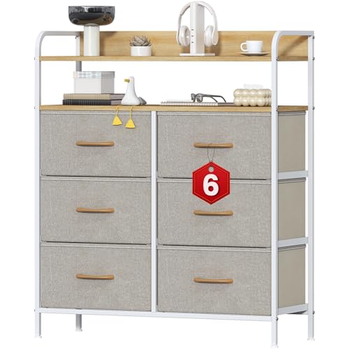 Feonase 6 Drawer Fabric Chest Of Drawers, Double Wooden Top Fabric Storage Tower - Sturdy Steel Frame Dresser for Bedroom/Living Room/Baby Room, Large Capacity Storage Organizer (Beige)