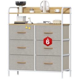 Feonase 6 Drawer Fabric Chest Of Drawers, Double Wooden Top Fabric Storage Tower - Sturdy Steel Frame Dresser for Bedroom/Living Room/Baby Room, Large Capacity Storage Organizer (Beige)