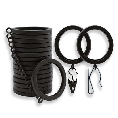 BlastHome Signature Collection Curtain Rings ??? Metal with Quiet, Smooth Nylon Inserts ??? Pinhooks and Clips Included ??? 1 ?? Inch Inside Diameter ??? 18 for Two Standard Curtains ??? Brushed Dark Brown