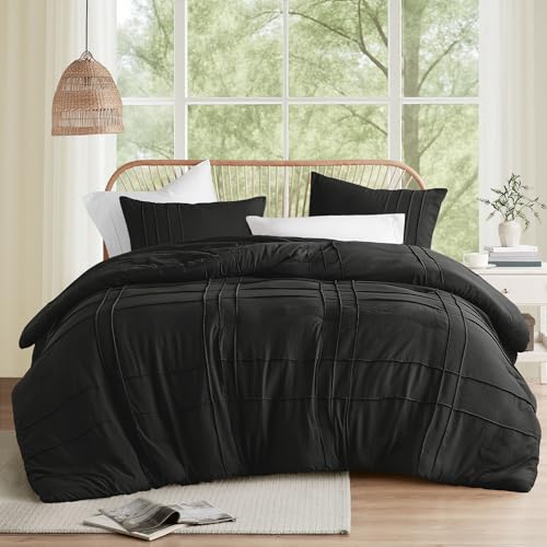 Comfort Spaces Black Queen Size Comforter Set - 3 Pieces Pintuck Pleated Bedding Sets Queen, All Season Lightweight, Extra Softness Pre-Washed Microfiber Queen Bed Set, Shams, Full/Queen