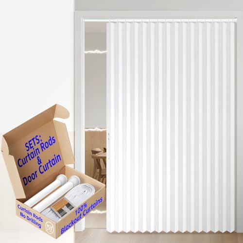 AJAZZ Blackout Accordion Doorway Curtain Set with Curtain Rods Included Magnetic Door Curtain Patio Door Invisible Folding Door for Bedroom Living Room (1 Pack, 72 W x 78 L, White)