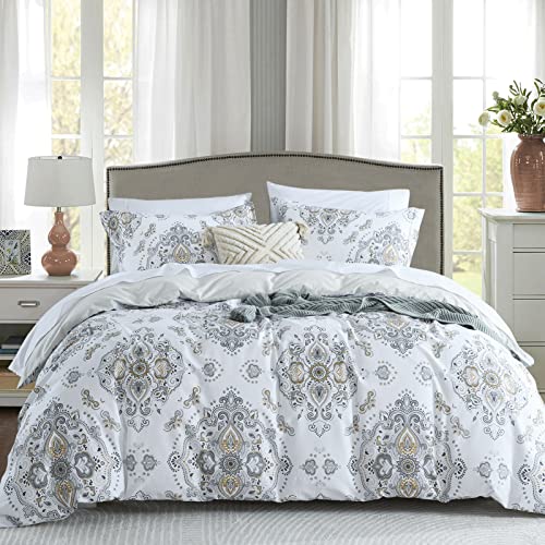 CozyDH Damask Duvet Cover King Size - 100% Cotton 400 Thread Count Prewashed Boho Paisley Floral Aztec Duvet Cover Set King, 3 PCS Bohemian Pattern Bedding Set (King, 104 x 90 Inches, No Comforter)