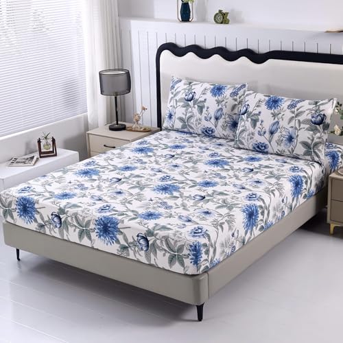 SDIII 3PCS Blue Floral Twin Sheet Set, 1 Fitted Sheet and 2 Pillowcase, Soft Microfiber Blue Flower Twin Sheet Set Kids Girls Boys and Teens