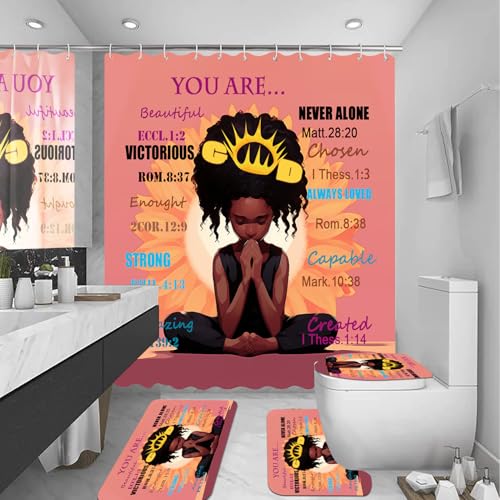 Omebero 4PCS Black Praying Girl Shower Curtain Set, Inspirational Quote Cute African American Girl Bathroom Decor Sets with Shower Curtain and Rug Toilet Lid Cover and Bat Mat