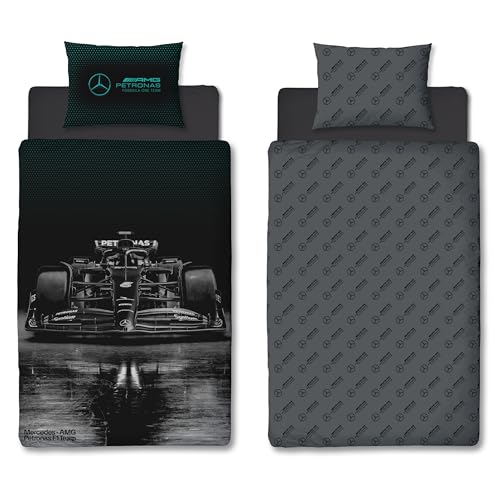 Mercedes AMG Petronas Officially Licensed Single Duvet Cover Set, Stealth Design - Black Reversible 2 Sided Formula One Bedding Cover Official Merchandise Including Matching Pillow Case