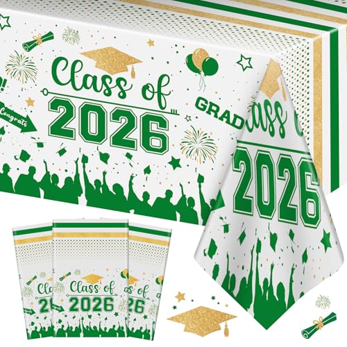 "Graduation Decorations Class of 2024 Tablecloth - 3 Pcs Plastic Congrats Grad Table Cloth, Graduation Table Cover for Graduation Party Decorations 2024 and Party Supplies, 54""x108"" (Green and Gold)"