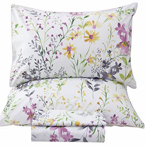 "QSH Floral Queen Size Sheet Sets - Yellow Wild Flower Botanical Pattern Egyptian Cotton Printed Bedding Sheets Set Queen Size Bed Extra Breathable 4pcs Queen Sheet Set Deep Pocket 17.5"""