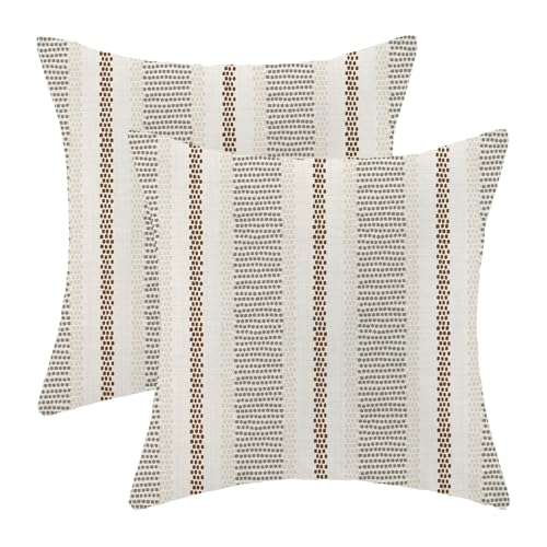 AEIOAE Grey Brown Outdoor Pillow Covers 18 x 18 Inch,Gray Boho Polka Dots Striped Decor Throw Pillows for Couch Bed,Geometric Farmhouse Decorative Pillowcase Linen Cushion Cover Set of 2