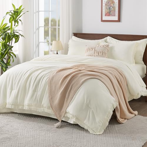 Andency Oversized King Comforter Set, 7 Pieces Ivory Bedding - Boho Bed in a Bag, Soft Lightweight, Fringe Bed Set with Comforter(120x120), Sheets, Pillowcases & Shams