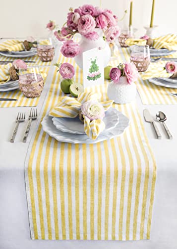 Solino Home Linen Table Runner 72 Inches Long - Amalfi Stripe, 100% Pure Linen Primrose Yellow and White Table Runner 14 x 72 Inch for Dining, Dresser, Spring, Summer