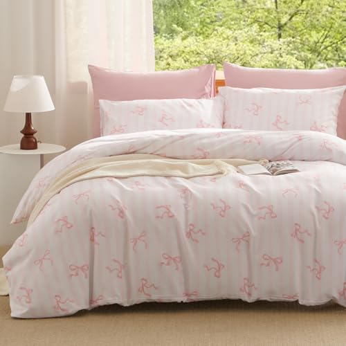 Erwinmu Girls Comforter Set Full Size,3 Pieces Pink Bow Ties Comforter Bedding Sets Striped Pattern Back to School for Girls Kids,Soft Cozy Microfiber Comforter and 2 Pillowcases