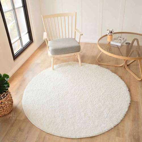 Livabliss Soso Shaggy Berber Round Carpet 120 cm, Living Room & Bedroom, Soft Plush Thick Pile, Neutral Boho Fluffy Style, Easy Care, White