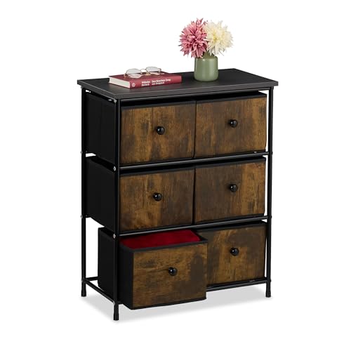 Relaxdays Chest of Drawers, 6 Fabric Compartments, Hallway & Bedroom, HWD: 73x60x32 cm, Dresser, Metal, Brown/Grey, Steel 30% fibreboard 40% Polyester