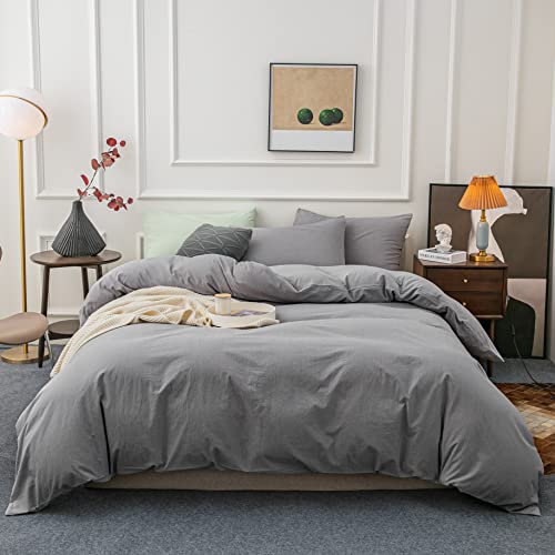 Janlive Washed Cotton Duvet Cover King Ultra Soft 100% Cotton Solid Color Light Grey Duvet Cover Set with Zipper Closure -3 Pieces Light Gray King