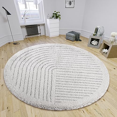 HANSE Home Dion High Pile Round Rug - Round Living Room Rug, Long Pile Shaggy Striped Pattern, Fluffy Soft for Living Room, Bedroom, Teenager's Room - Grey, 160 cm