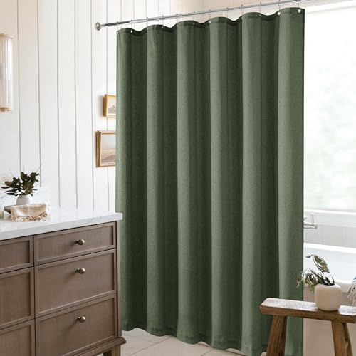 DUKIYO Olive Green Linen Shower Curtain 80 Inches Long Cloth Shower Curtain for Bathroom Boho Farmhouse Spring Decor Hotel Bathtub Water Repellent Extra Long 80 Inch Drapes Set with Hooks, 72x80